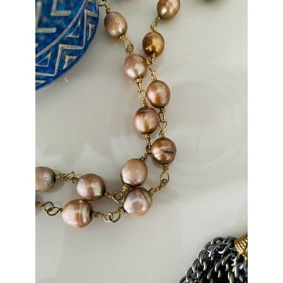 Vintage Amber Cross Necklace Freshwater Pearl Tassel Pendant - Picture 9 of 11